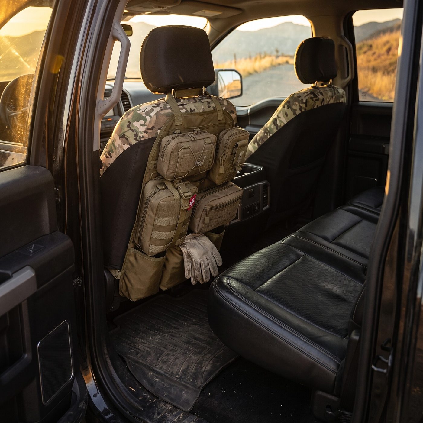 GruntCrate organizer in a truck cab at golden hour