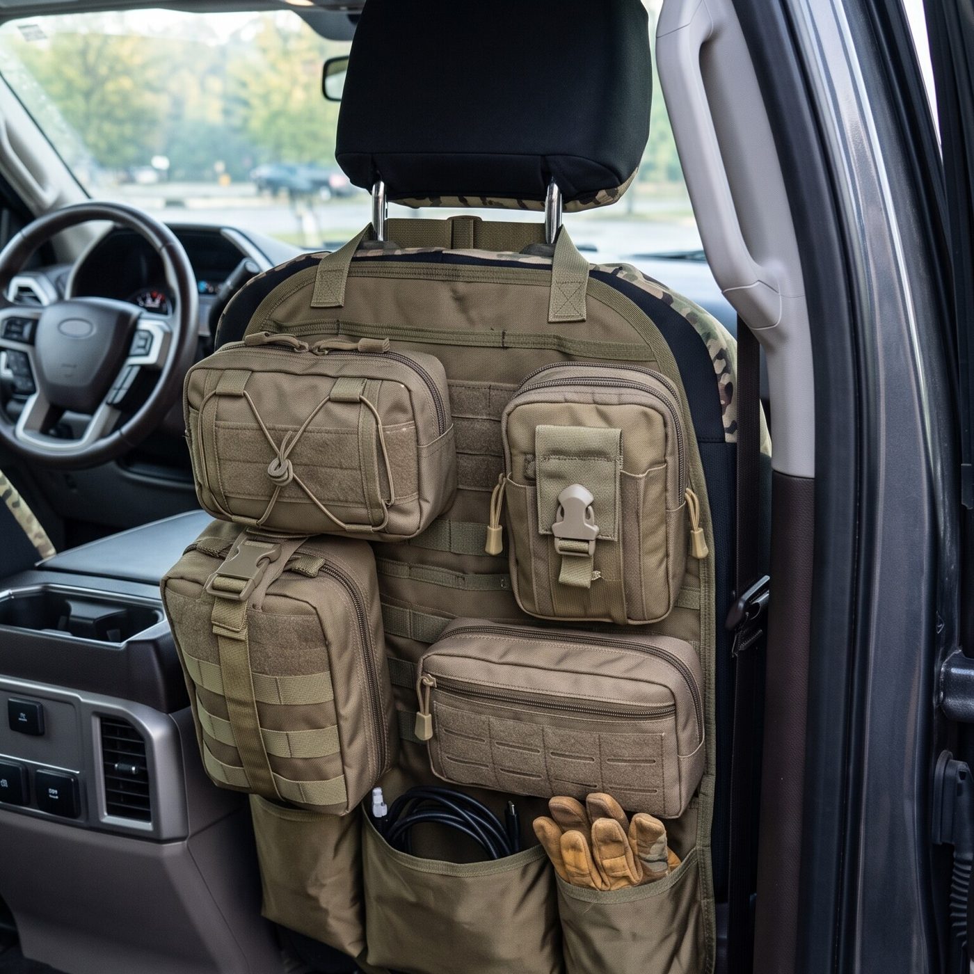 GruntCrate MOLLE organizer on the back of a front seat with gloves and cables stored