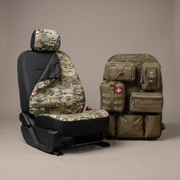 The Grunt Box camouflage seat-cover set and rear-seat organizer presented together in a studio