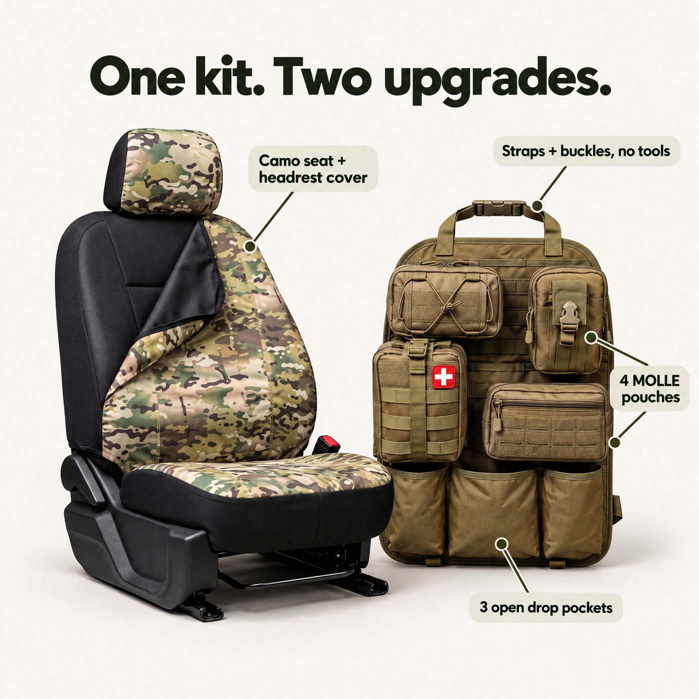 GruntCrate kit features: camo seat and headrest cover, 4 MOLLE pouches, 3 drop pockets, strap and buckle install
