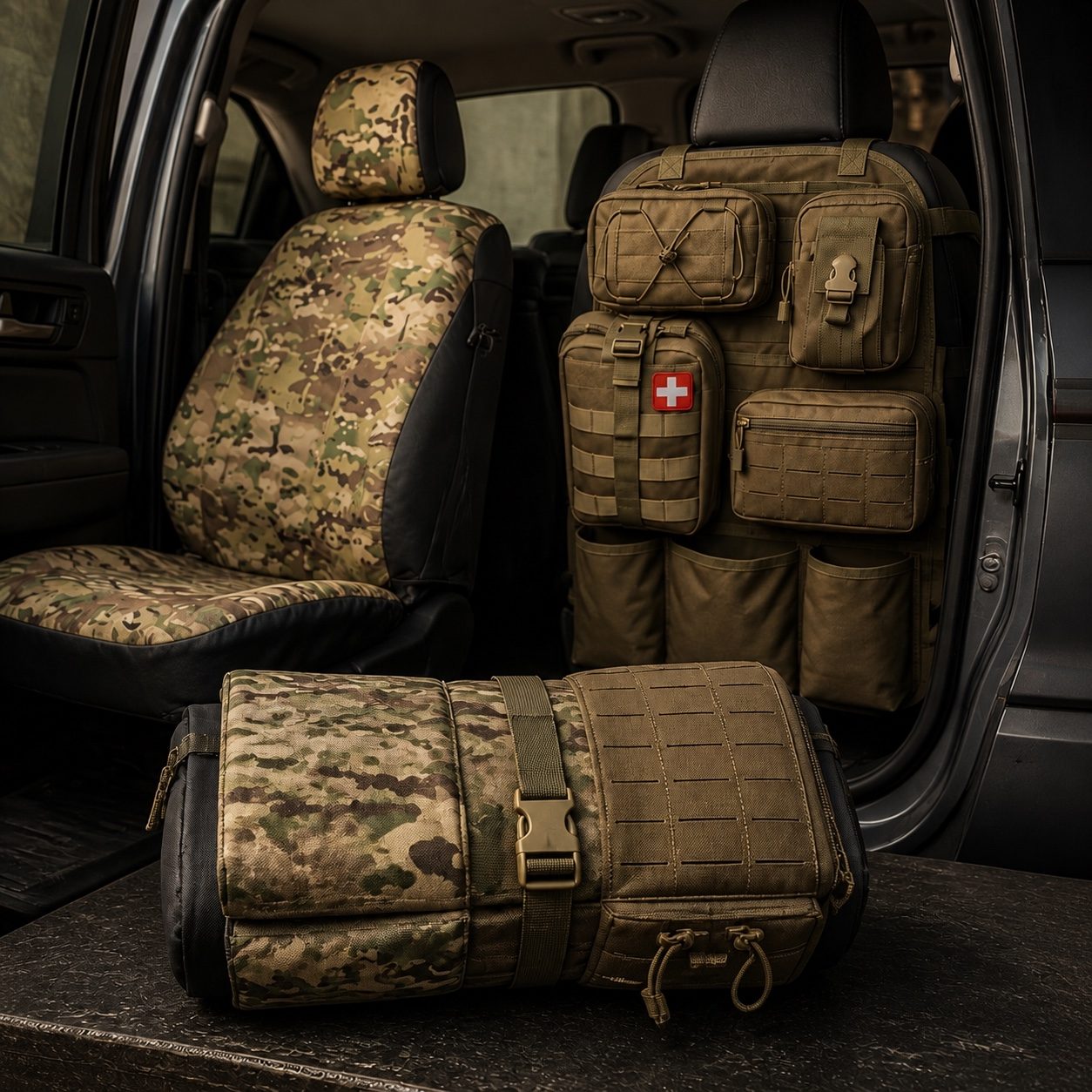 GruntCrate camo seat cover and organizer installed in a pickup truck